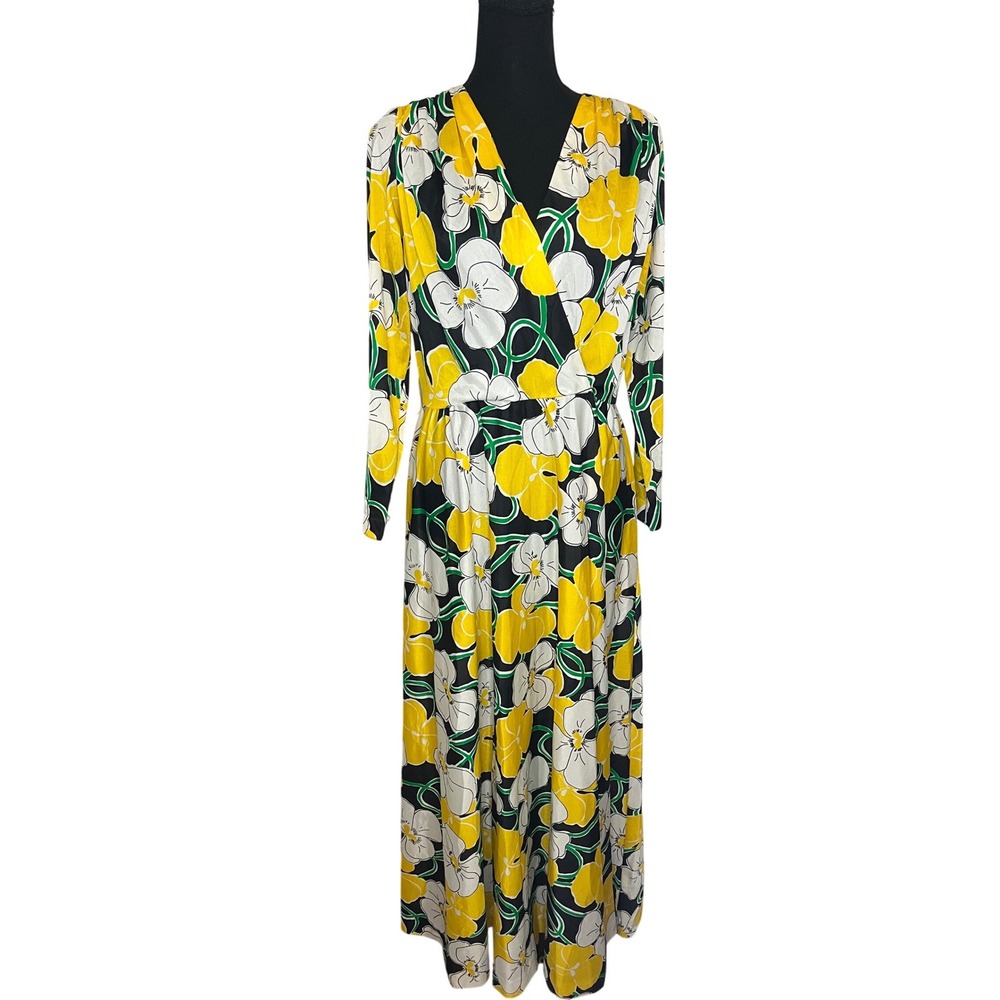 Vtg‎ Mary Martin Florida Maxi Hostess Dress 14 Yellow Floral Antron Sceen print